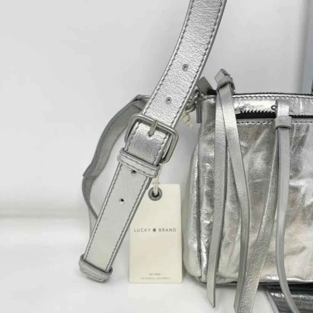 Lucky Brand Koda Crossbody Silver Metallic Topanga Leather Flashy Shiny Party - Picture 4 of 15